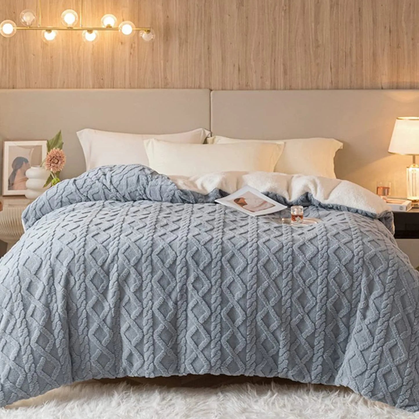 Patura dubla cocolino tip tricot cu blanita Sherpa gri 200x230 cm