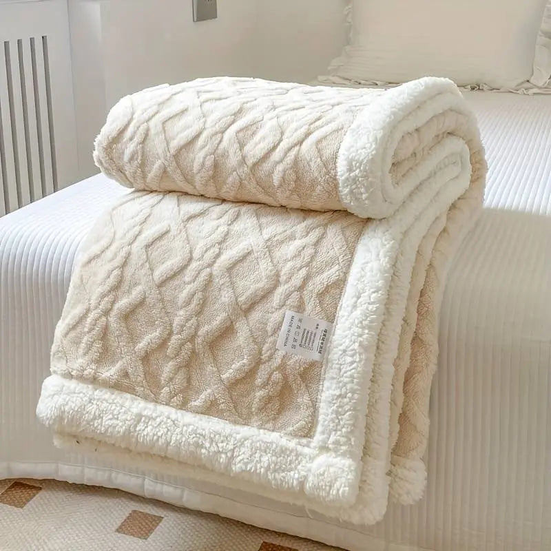 Patura dubla cocolino tip tricot cu blanita Sherpa ecru 200x230 cm